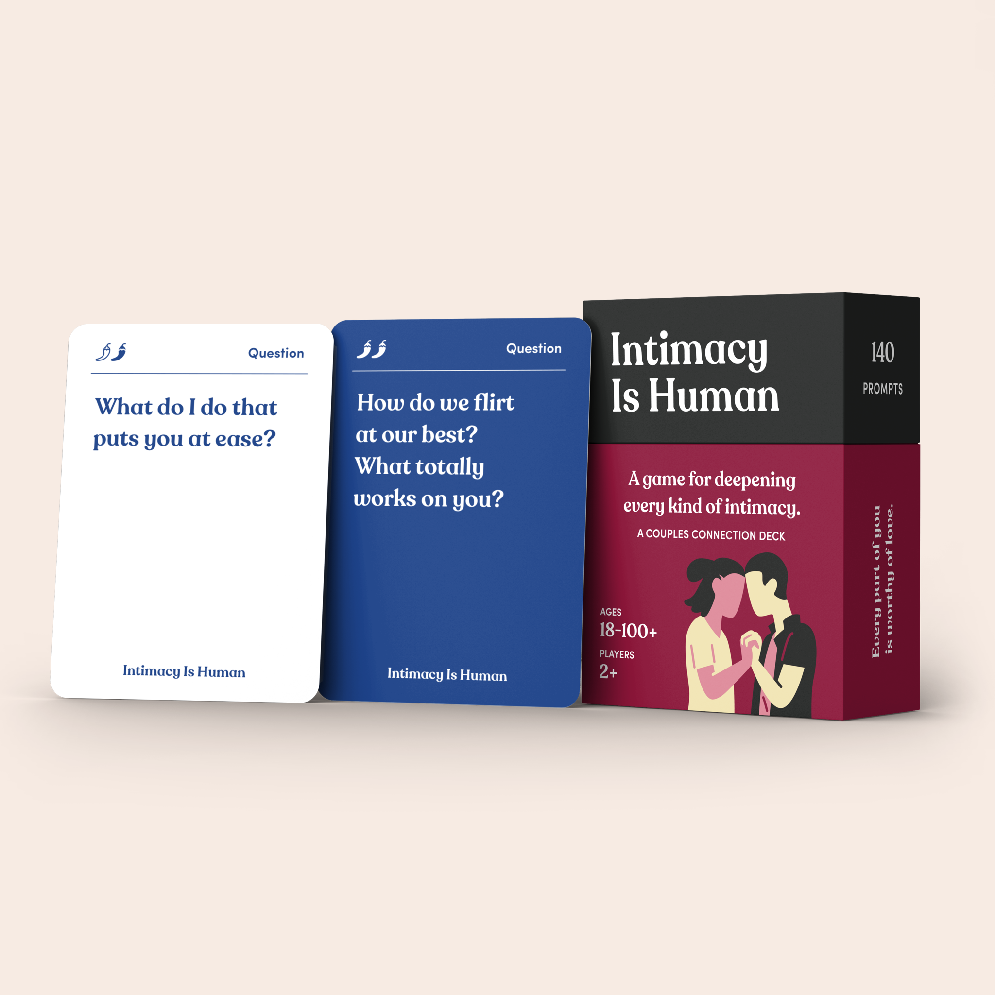 Intimacy Is Human card deck standing beside its cards