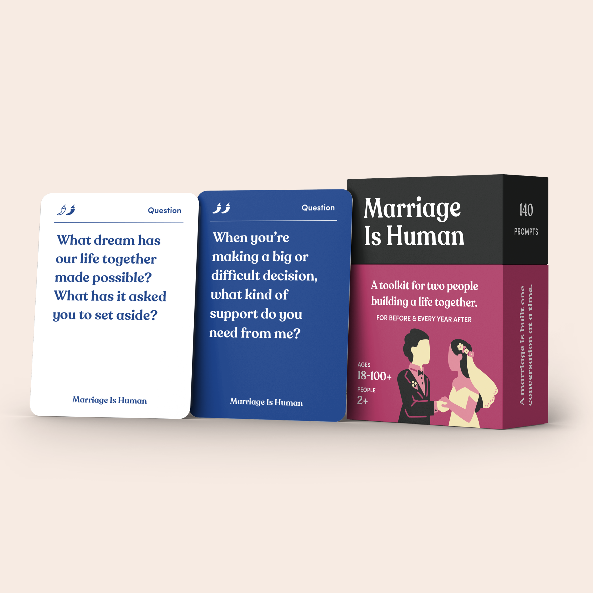 Marriage Is Human card deck standing beside its cards