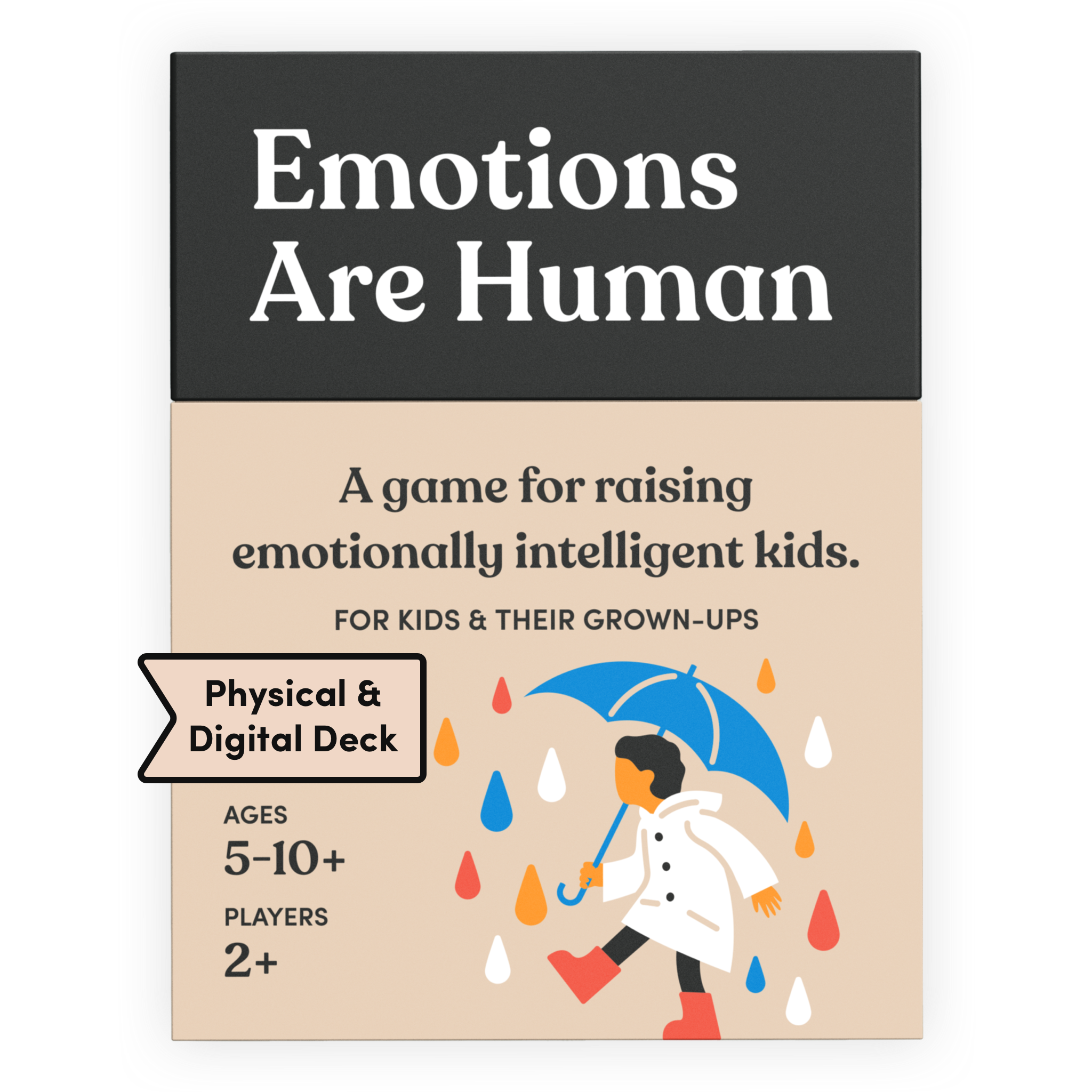 Emotions Are Human card deck box in beige, labeled Physical and Digital Deck. It reads: A game for raising emotionally intelligent kids. For kids and their grown-ups. Ages 5 to 10+, for 2 or more players. Illustration of a child in a raincoat and red boots under a blue umbrella, with colorful raindrops.