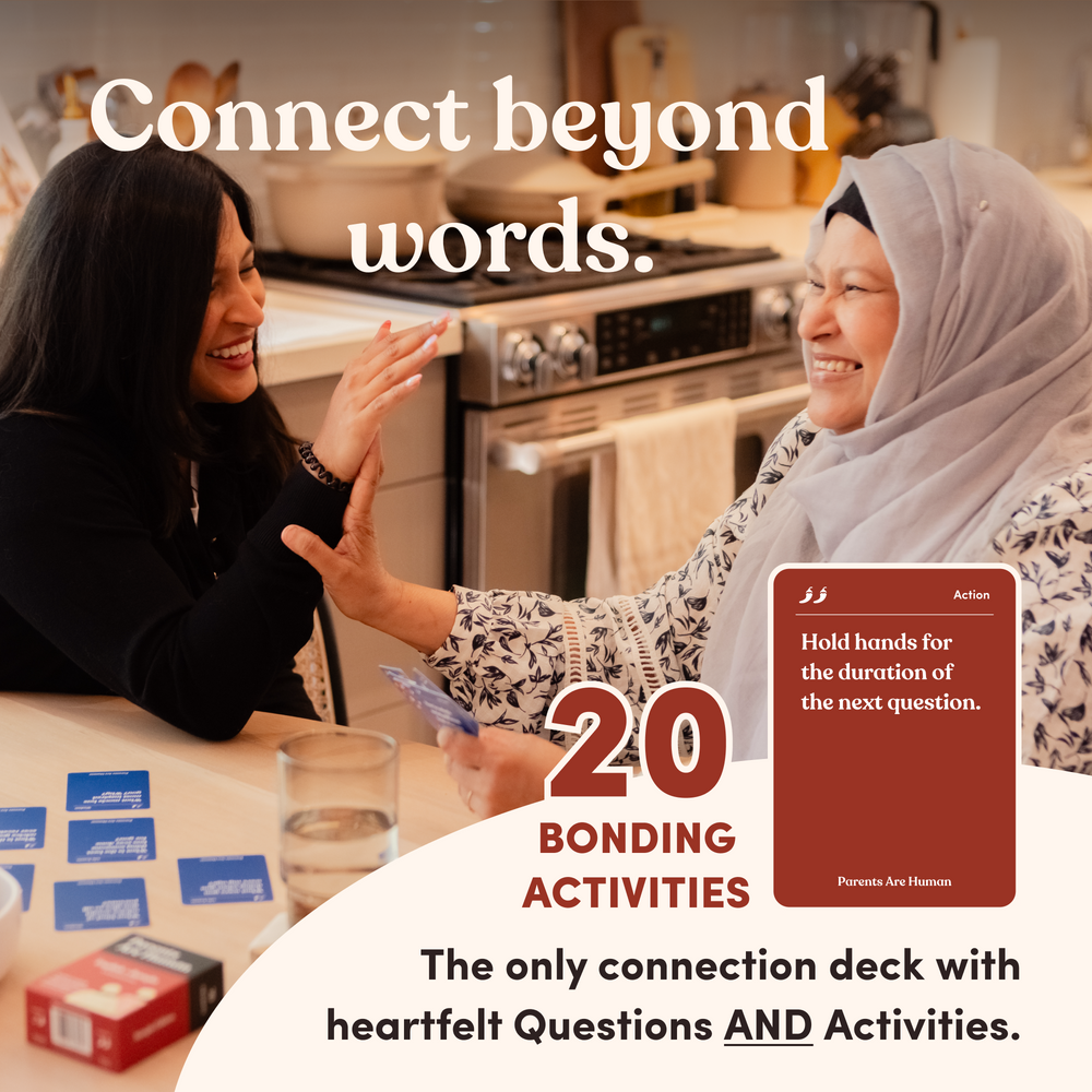 Two women high-fiving in a kitchen, headline “Connect beyond words,” text “20 bonding activities”