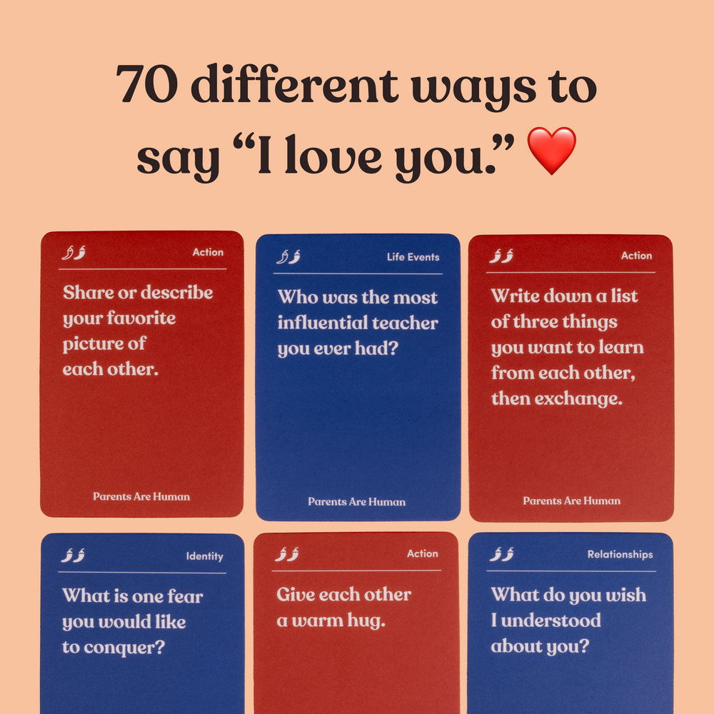 Infographic headline “70 different ways to say 'I love you.'” showing six question and activity cards