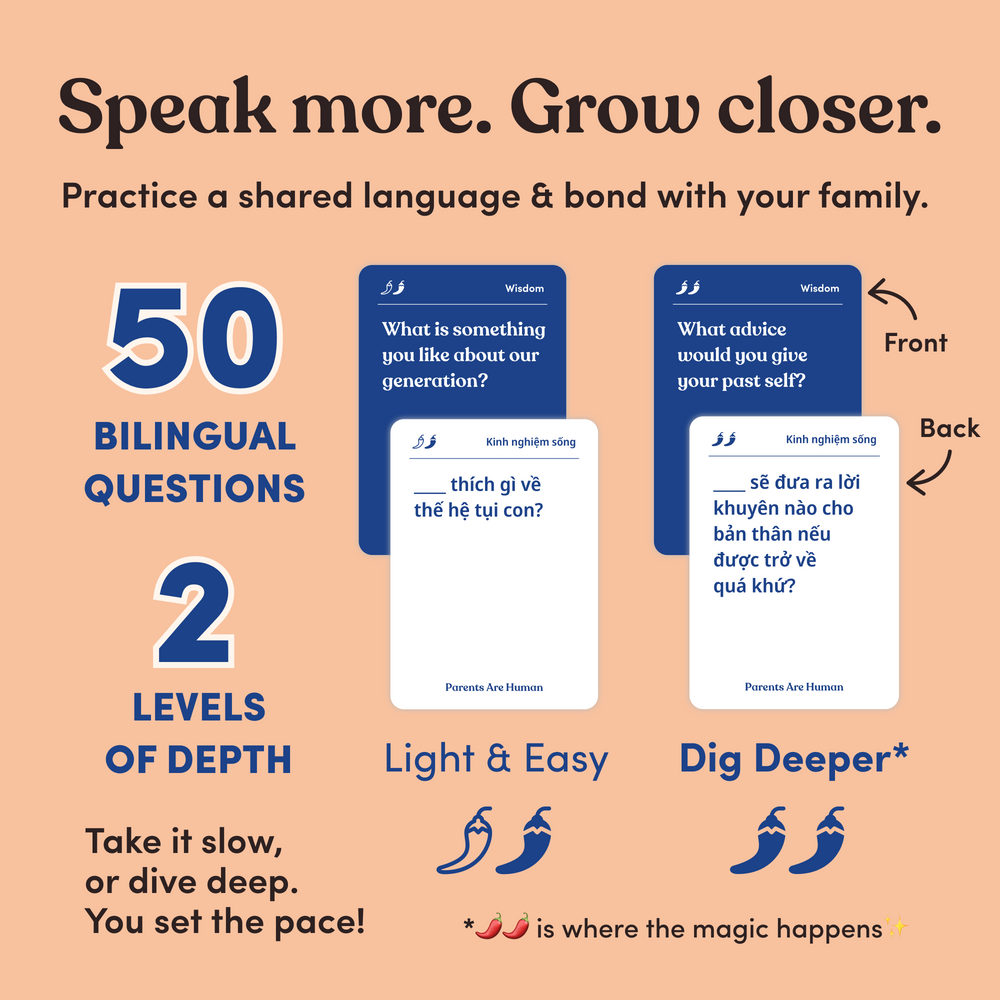 Infographic headline “Speak more. Grow closer.” with two bilingual sample cards shown in English and Vietnamese