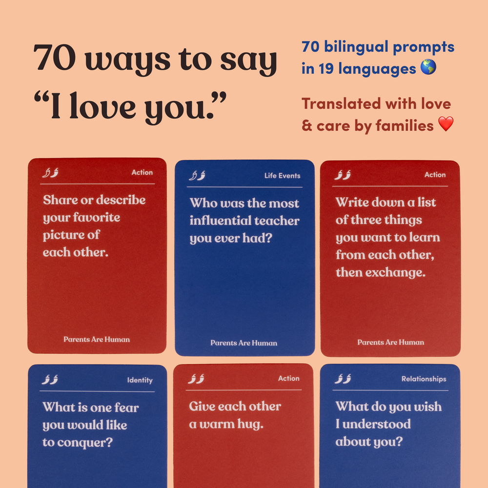 Infographic headline “70 ways to say 'I love you.'” with six Parents Are Human cards, “70 bilingual prompts in 19 languages”