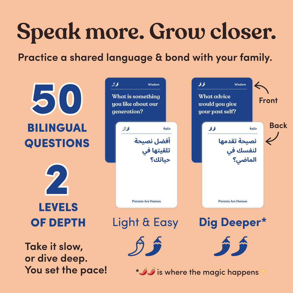 Infographic headline “Speak more. Grow closer.” with two bilingual sample cards shown in English and Arabic