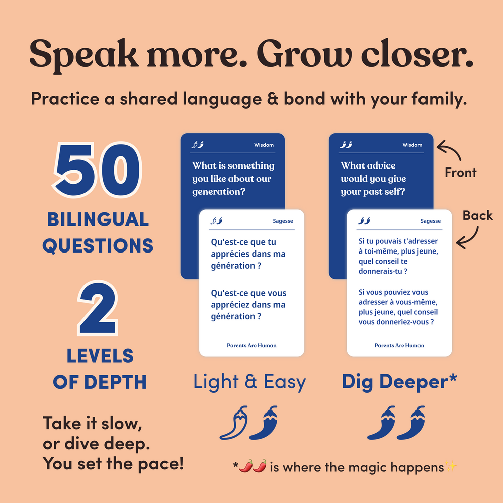 Infographic headline “Speak more. Grow closer.” with two bilingual sample cards shown in English and French