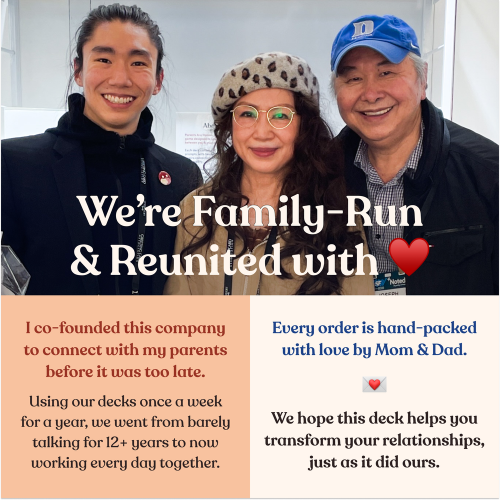 Three people posing together indoors, headline “We're Family-Run & Reunited with,” about co-founding the company