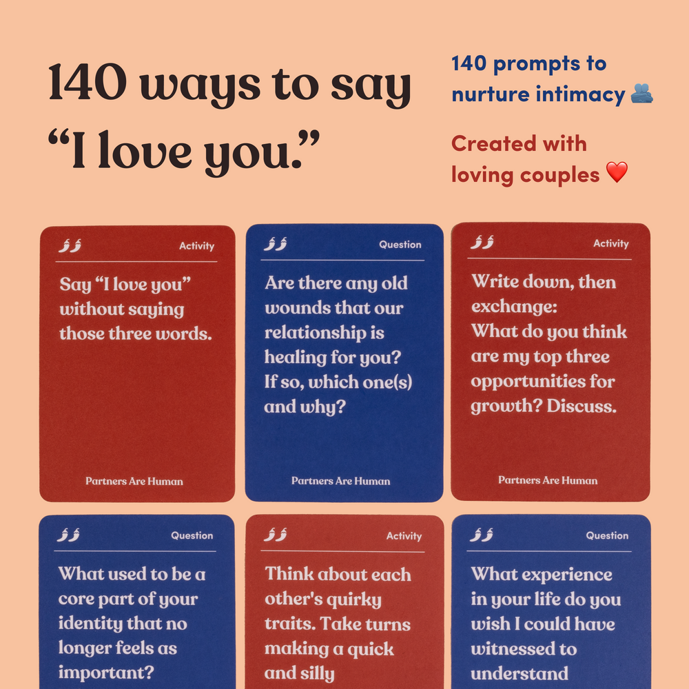 Infographic showing six Partners Are Human question and activity cards, headline “140 ways to say 'I love you'”