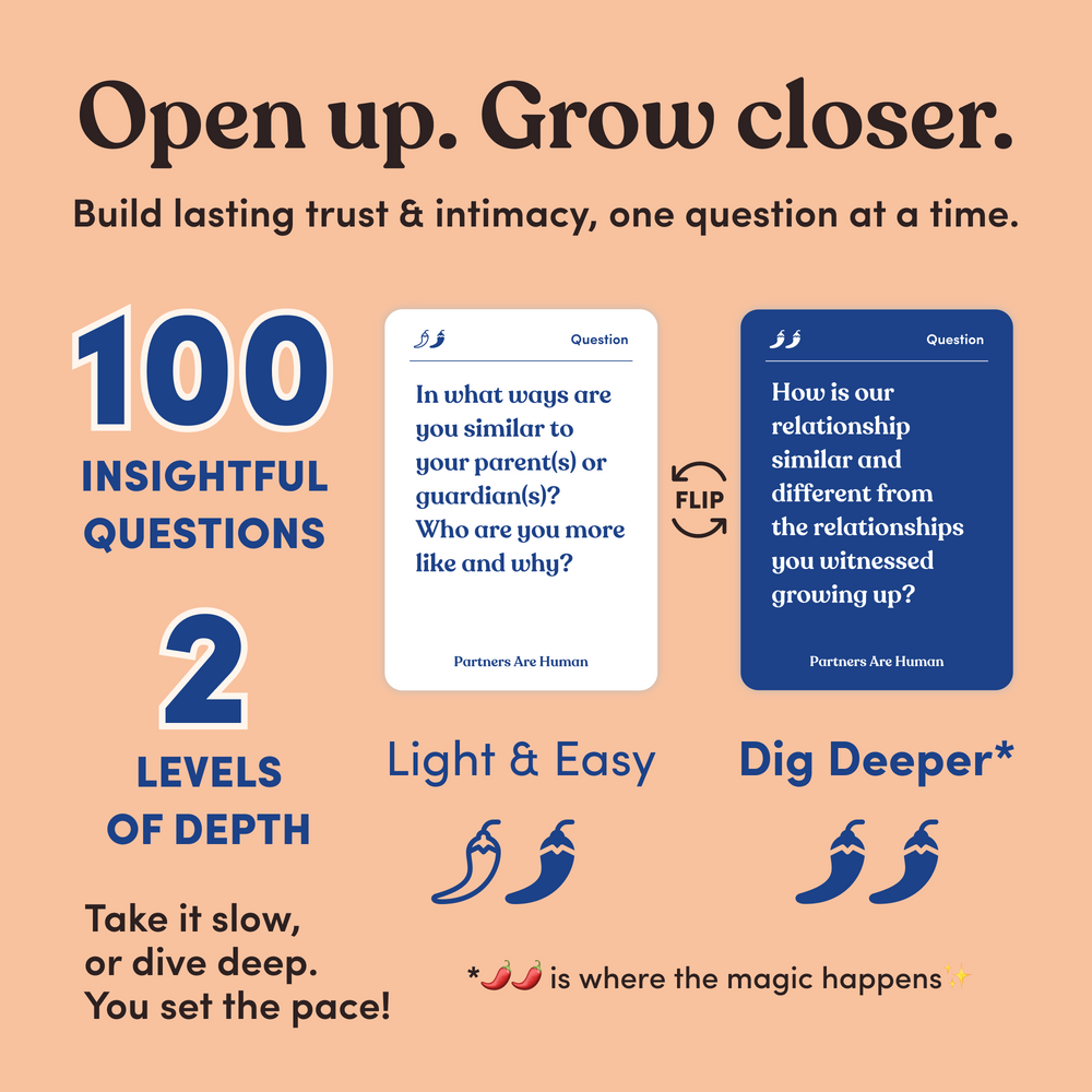Infographic showing two Partners Are Human question cards for “Light & Easy” and “Dig Deeper” levels