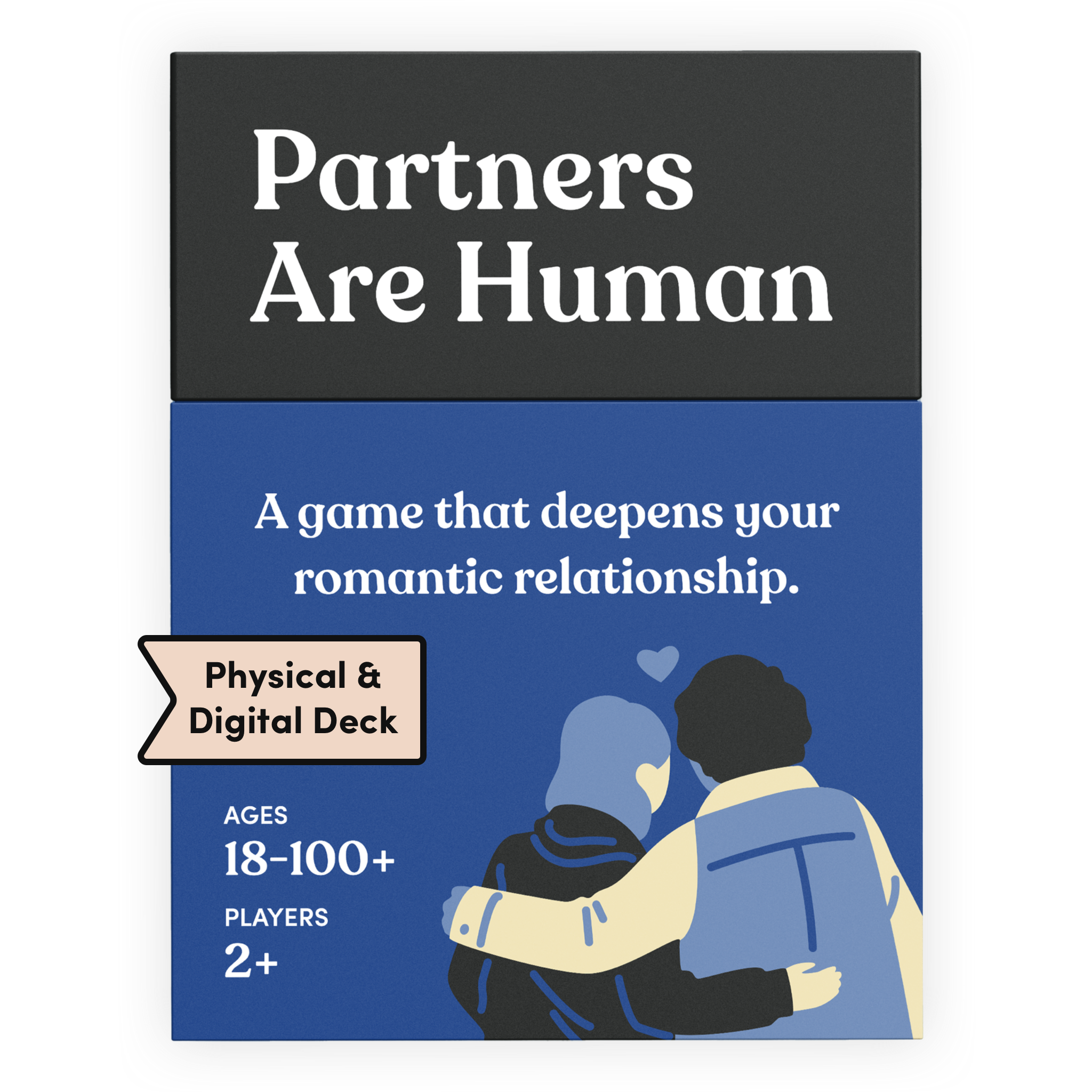 Partners Are Human card deck box in dark blue, labeled Physical and Digital Deck. It reads: A game that deepens your romantic relationship. Ages 18 to 100+, for 2 or more players. Illustration of a couple embracing, seen from behind, with a small heart above them.