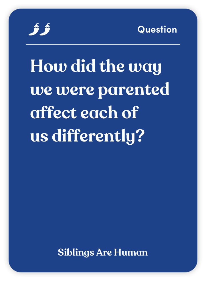 Sample card from Siblings Are Human: How did the way we were parented affect each of us differently?