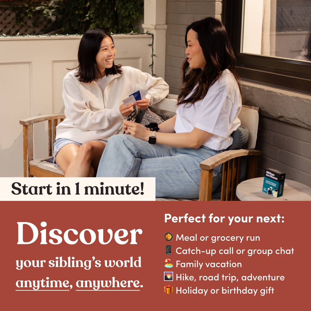 Two women laughing on a porch, one holding cards, headline “Discover your sibling's world anytime, anywhere”