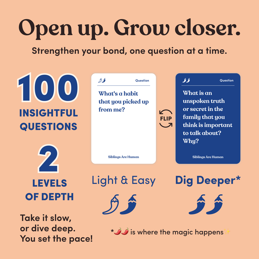 Infographic showing two Siblings Are Human question cards, headline “Open up. Grow closer”