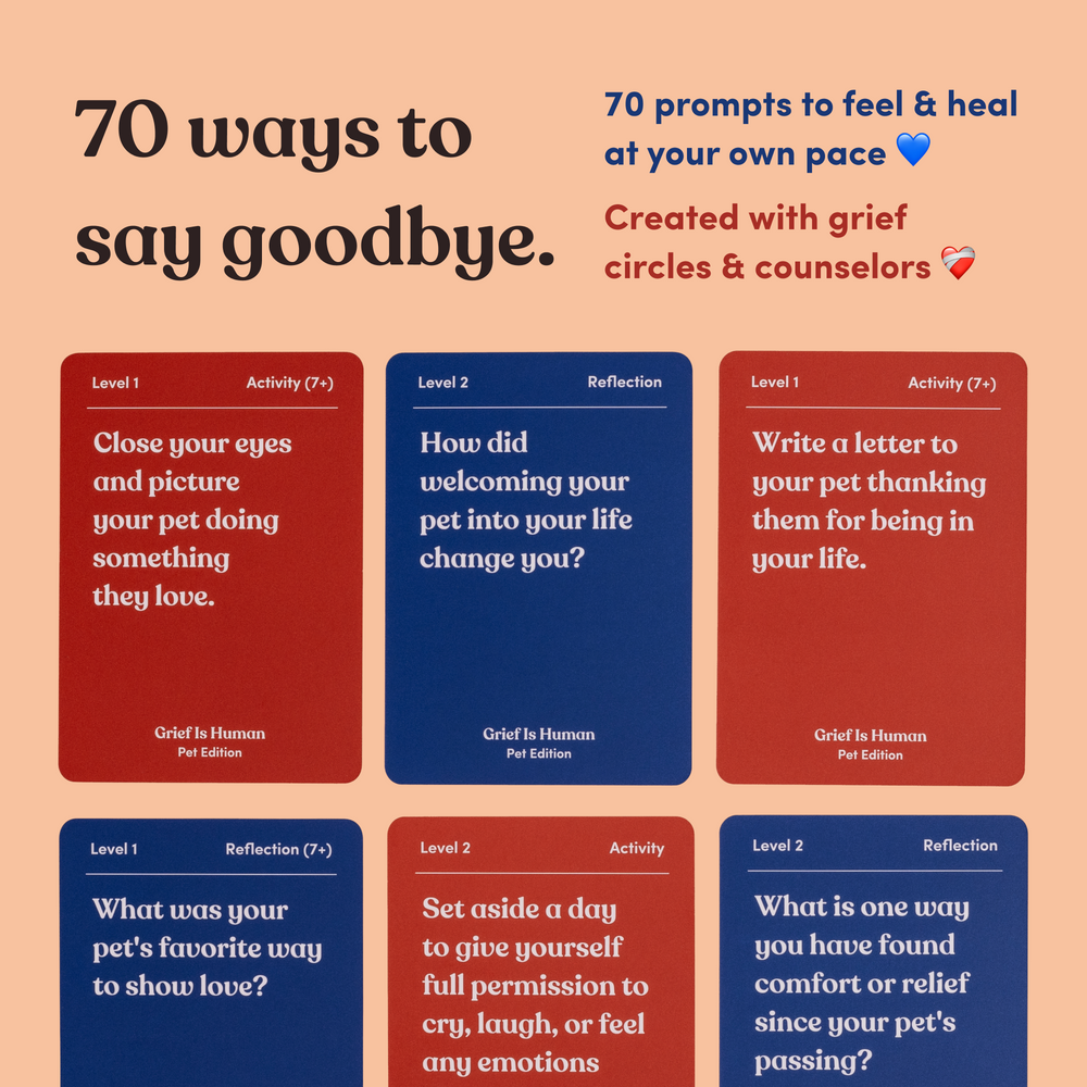 Six Grief Is Human Pet Edition question and activity cards shown under the headline “70 ways to say goodbye”