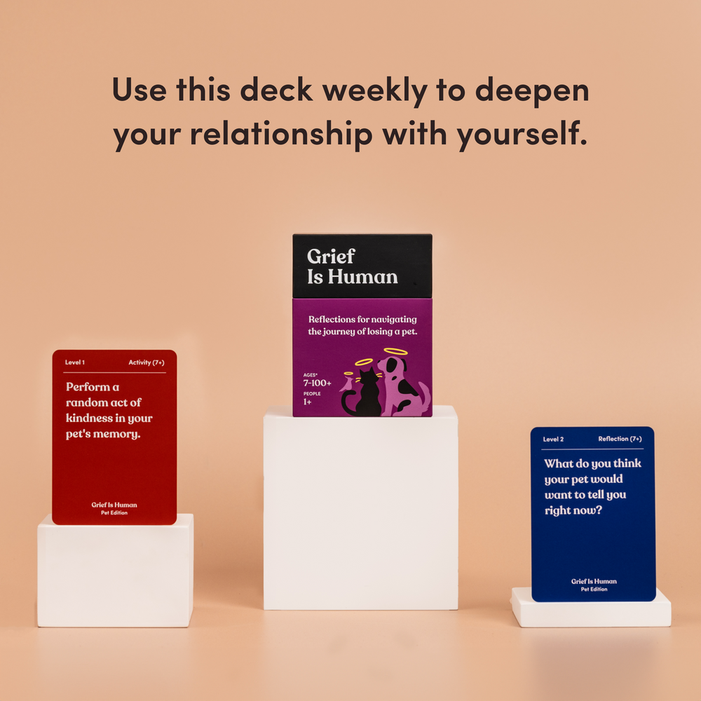 Grief Is Human Pet Edition box on a pedestal between an activity card and a question card, headline “relationship with yourself”