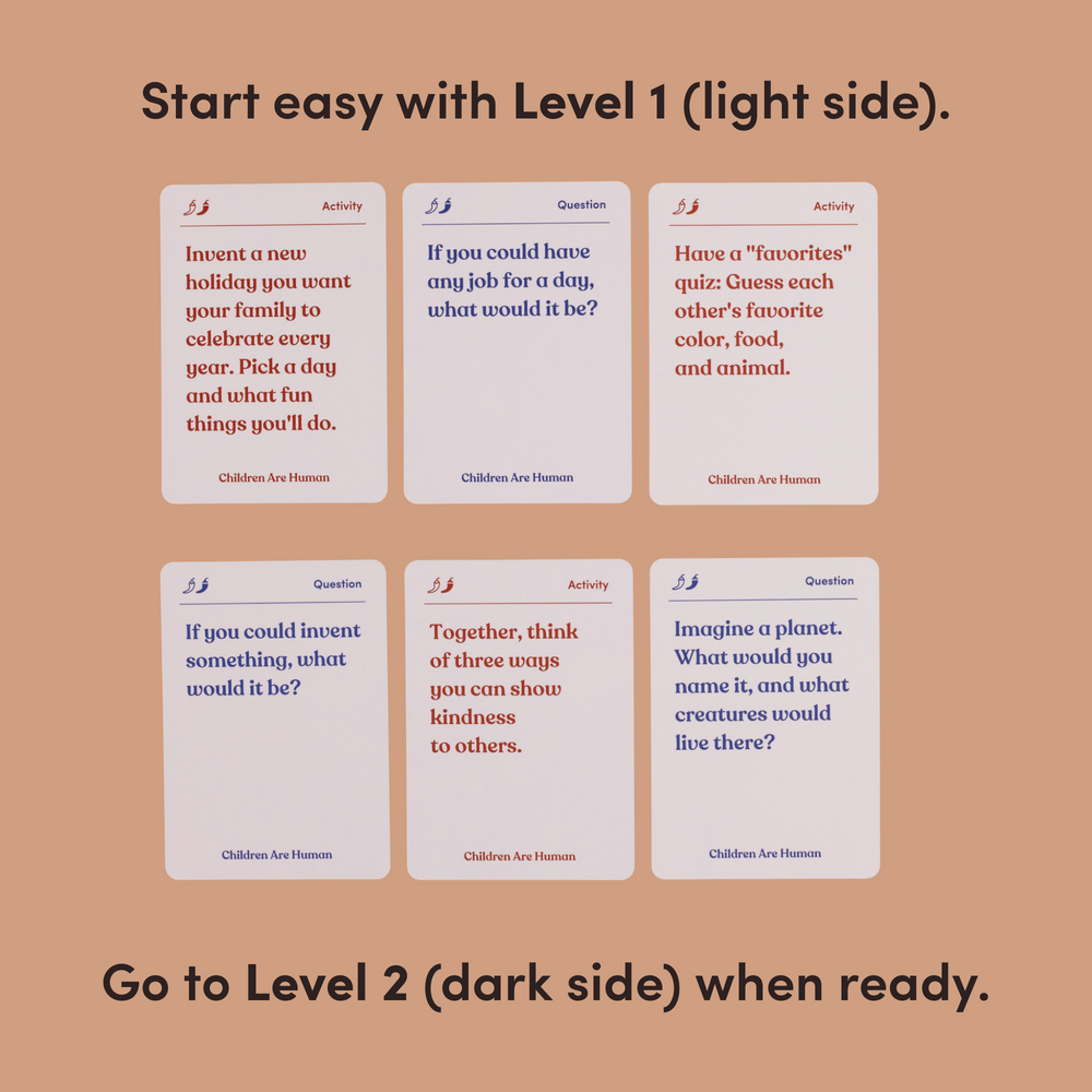 Six white Children Are Human cards shown under the headline “Start easy with Level 1 (light side)”