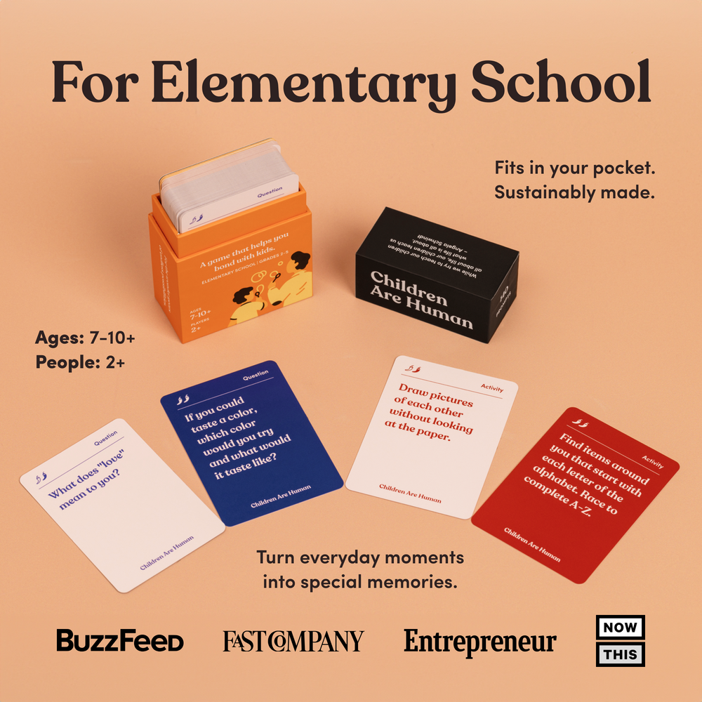 Children Are Human box and question and activity cards on a peach background, headline “For Elementary School”