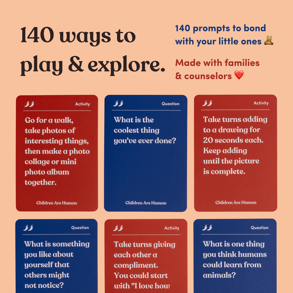 Six Children Are Human question and activity cards in red and blue, headline “140 ways to play & explore.”