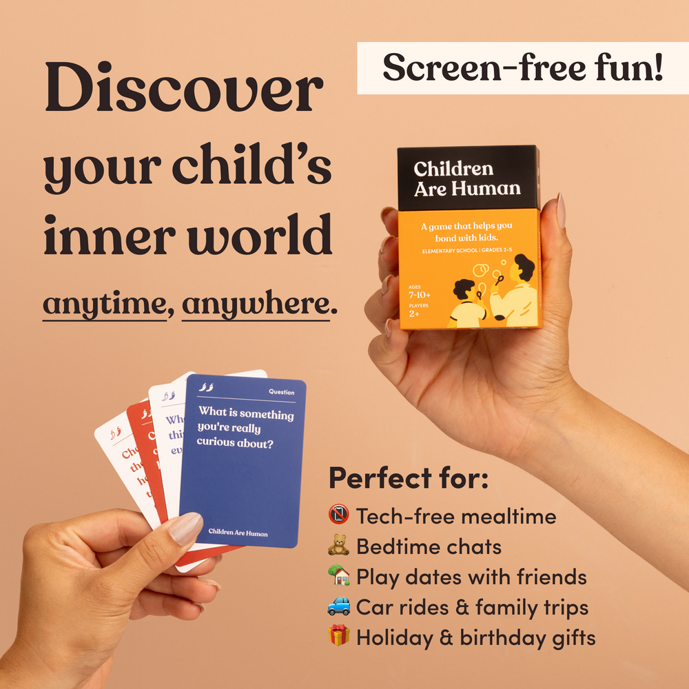 Children Are Human box held in one hand beside a fan of question cards, headline “Discover your child's inner world”