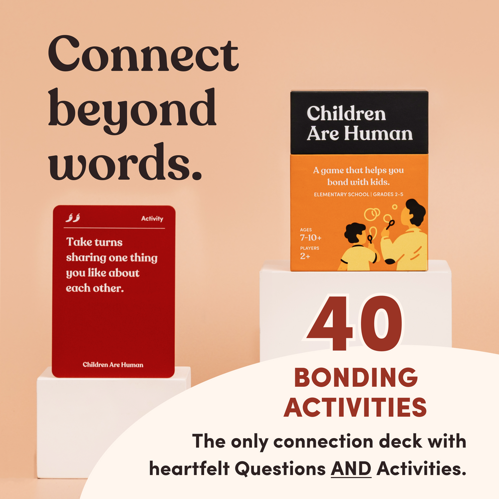 Children Are Human box displayed on a pedestal beside a red activity card, headline “Connect beyond words.”