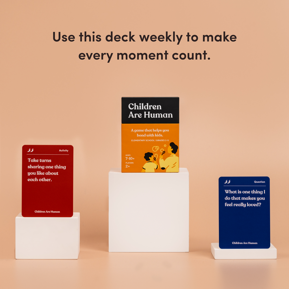 Children Are Human box on a pedestal between an activity card and a question card, headline “Make every moment count”