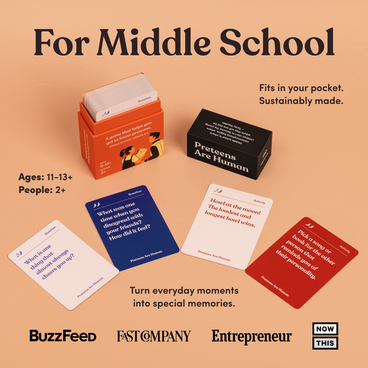 Preteens Are Human box and four question and activity cards on a peach background, headline "For Middle School"