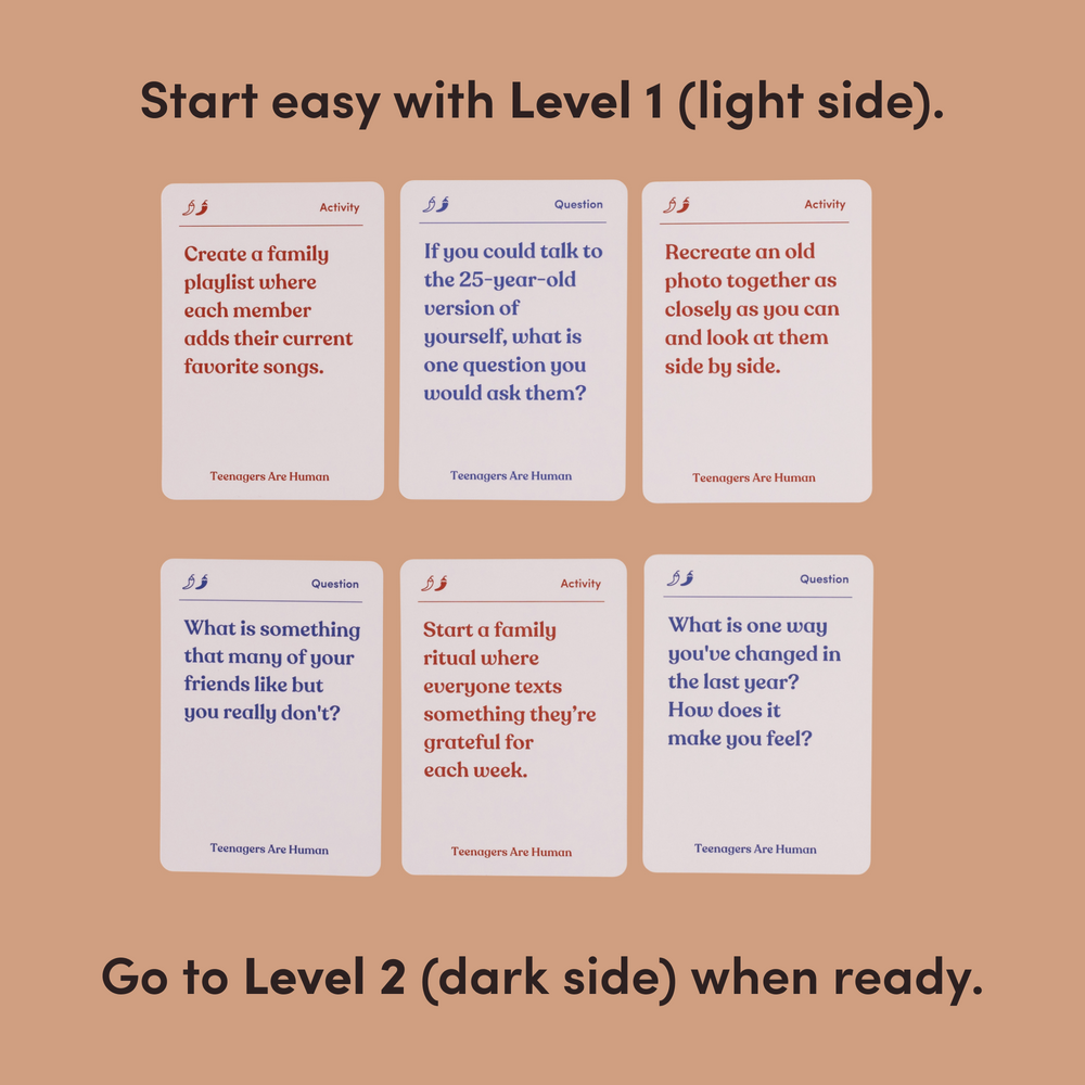 Six white Teenagers Are Human cards shown under the headline “Start easy with Level 1 (light side)”