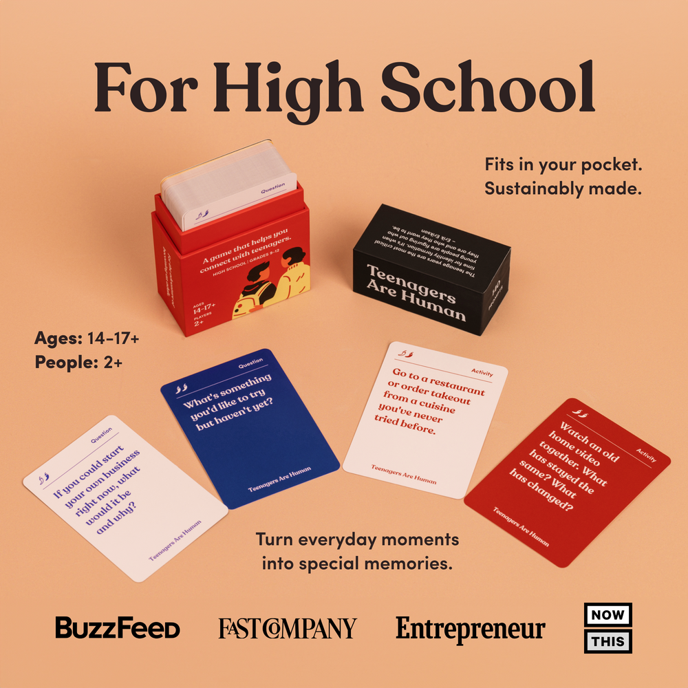 Teenagers Are Human box and four question and activity cards on a peach background, headline “For High School”