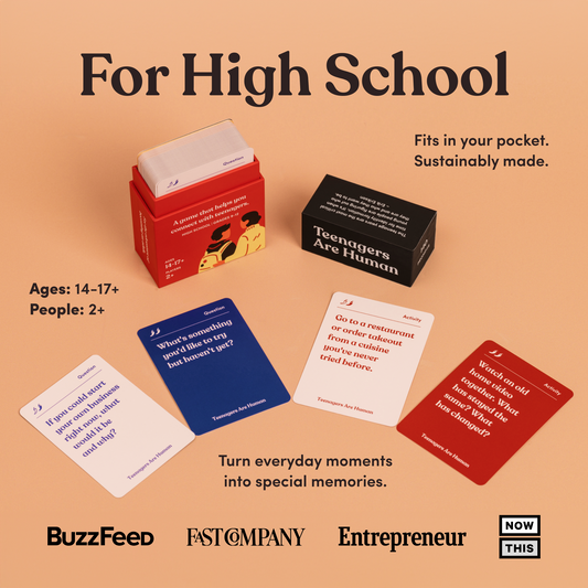 Teenagers Are Human box and four question and activity cards on a peach background, headline "For High School"