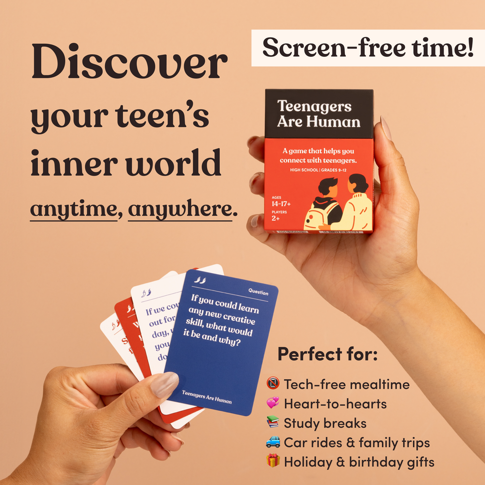 Teenagers Are Human box and a fan of cards held in two hands, headline “Discover your teen's inner world anytime, anywhere”