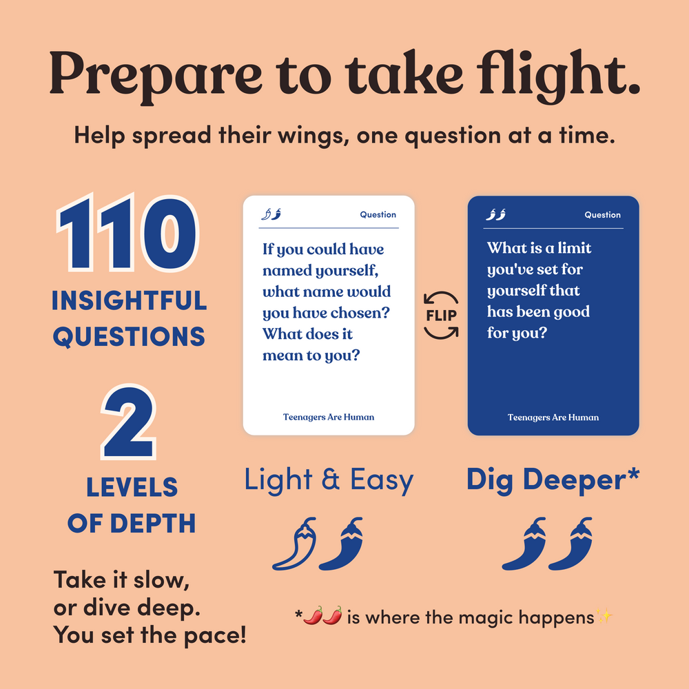 Infographic for Teenagers Are Human showing a card's front and back sides, headline “Prepare to take flight”