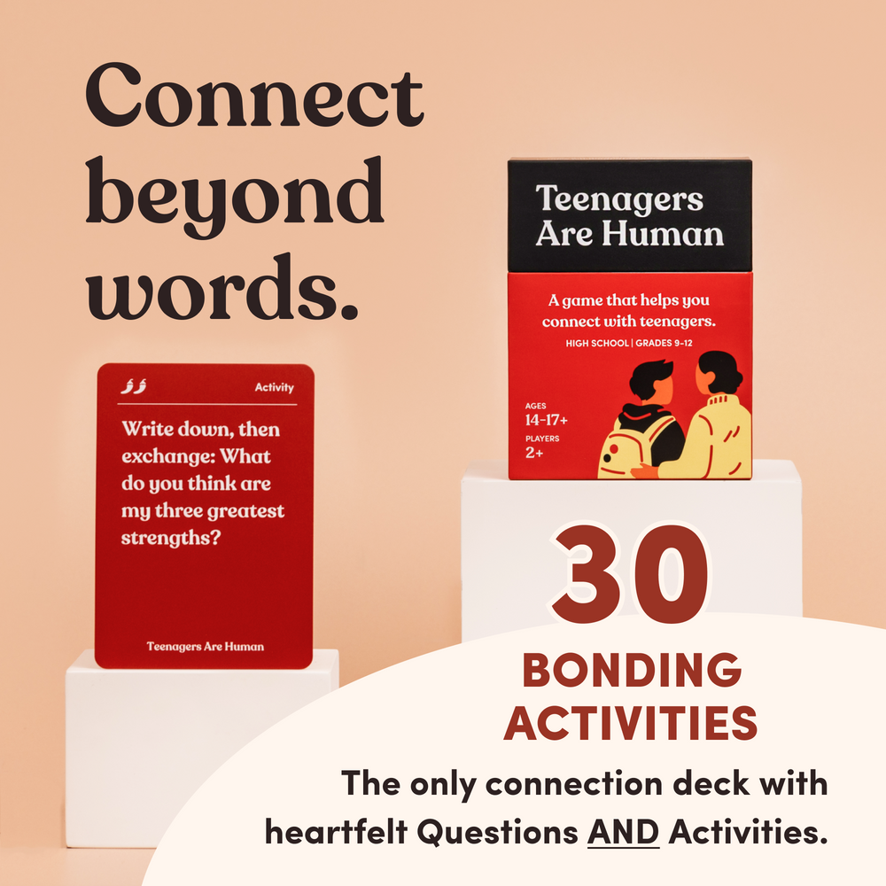 Teenagers Are Human box displayed on a pedestal beside a red activity card, headline “Connect beyond words.”