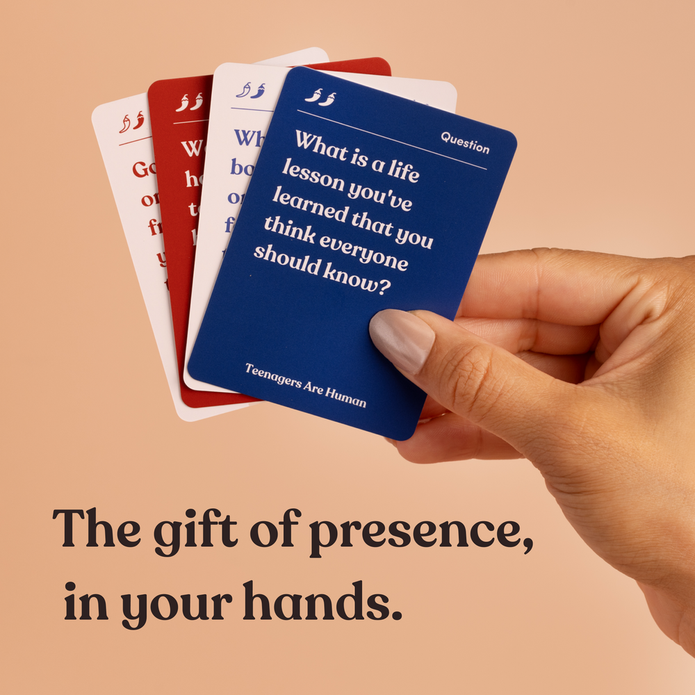 Teenagers Are Human box on a pedestal between an activity card and a question card, headline “Make every moment count”