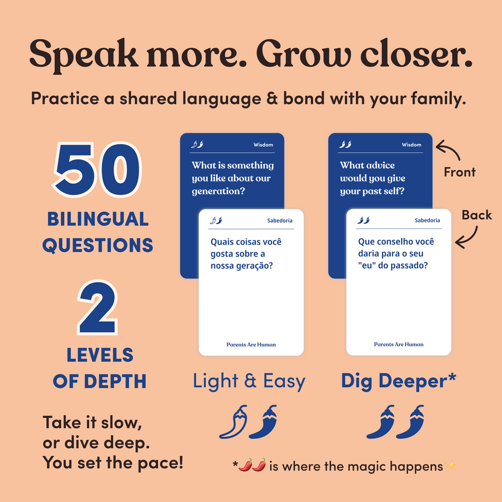 Infographic of Parents Are Human question cards with English and Brazilian Portuguese text, headline “Speak more. Grow closer.”
