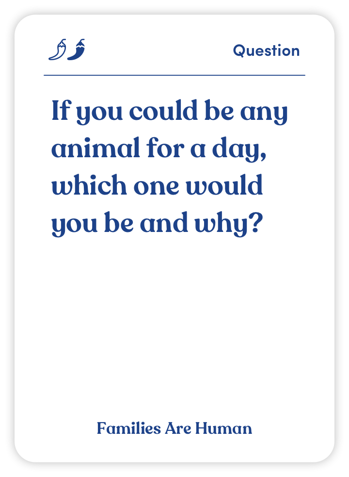 Sample card from Families Are Human: If you could be any animal for a day, which one would you be and why?