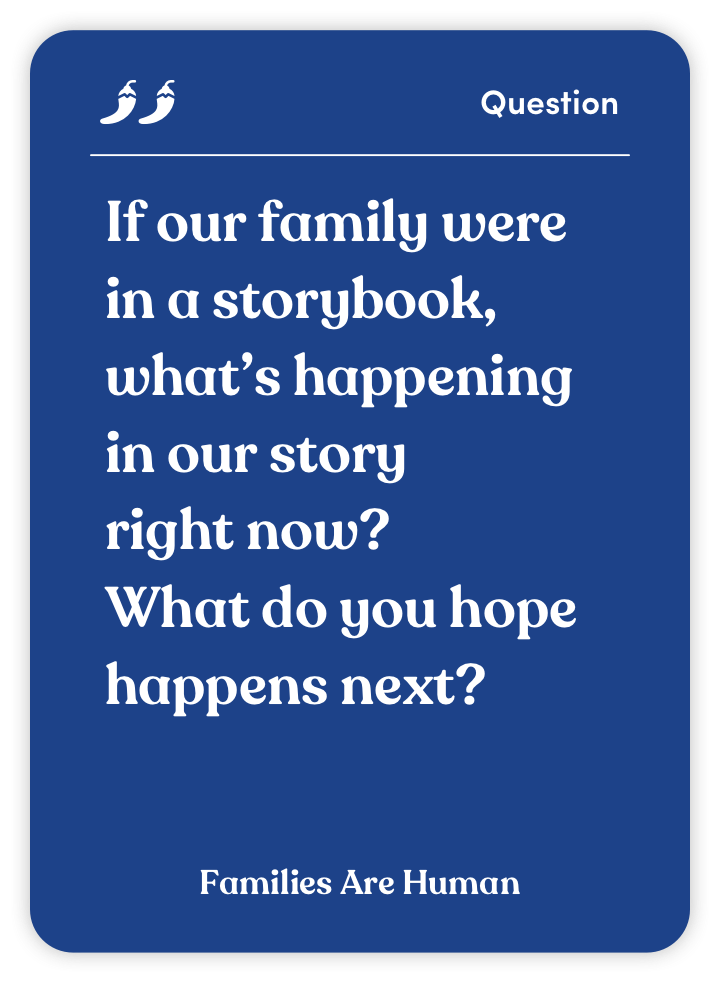 Sample card from Families Are Human: If our family were in a storybook, what’s happening in our story right now? What do you hope happens next?
