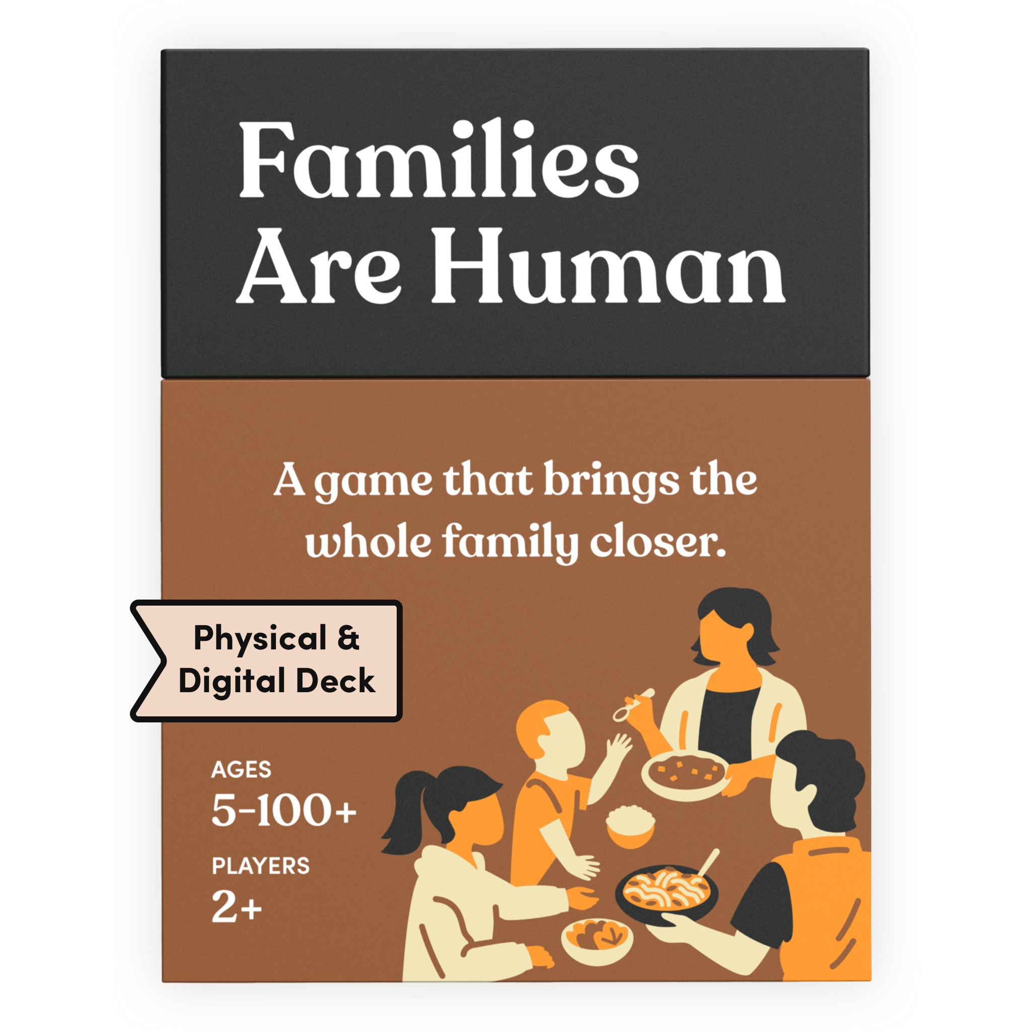 Families Are Human card deck box in brown, labeled Physical and Digital Deck. It reads: A game that brings the whole family closer. Ages 5 to 100+, for 2 or more players. Illustration of a family sharing a meal around a table.