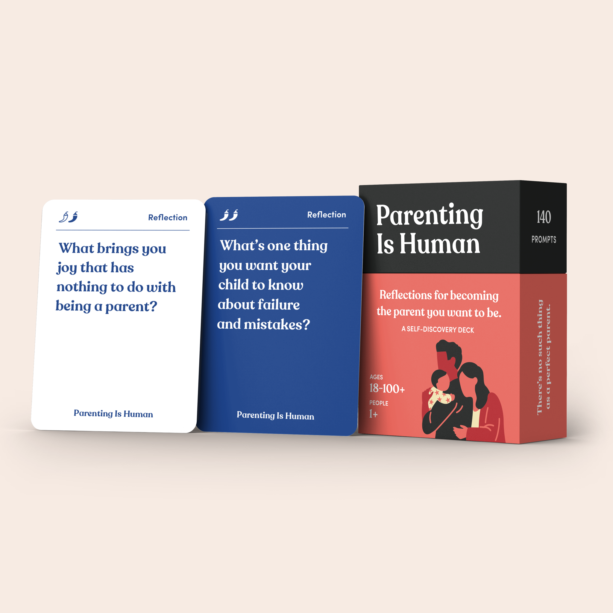 Parenting Is Human card deck standing beside its cards