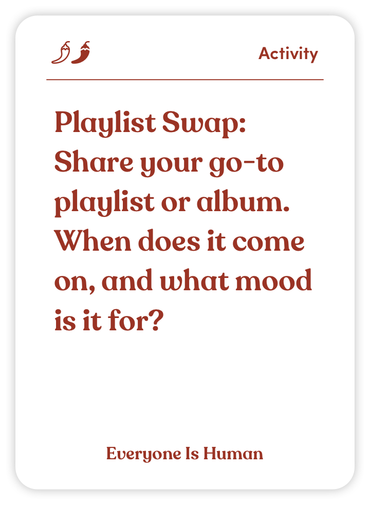 Sample card from Everyone Is Human: Playlist Swap: Share your go-to playlist or album. When does it come on, and what mood is it for?