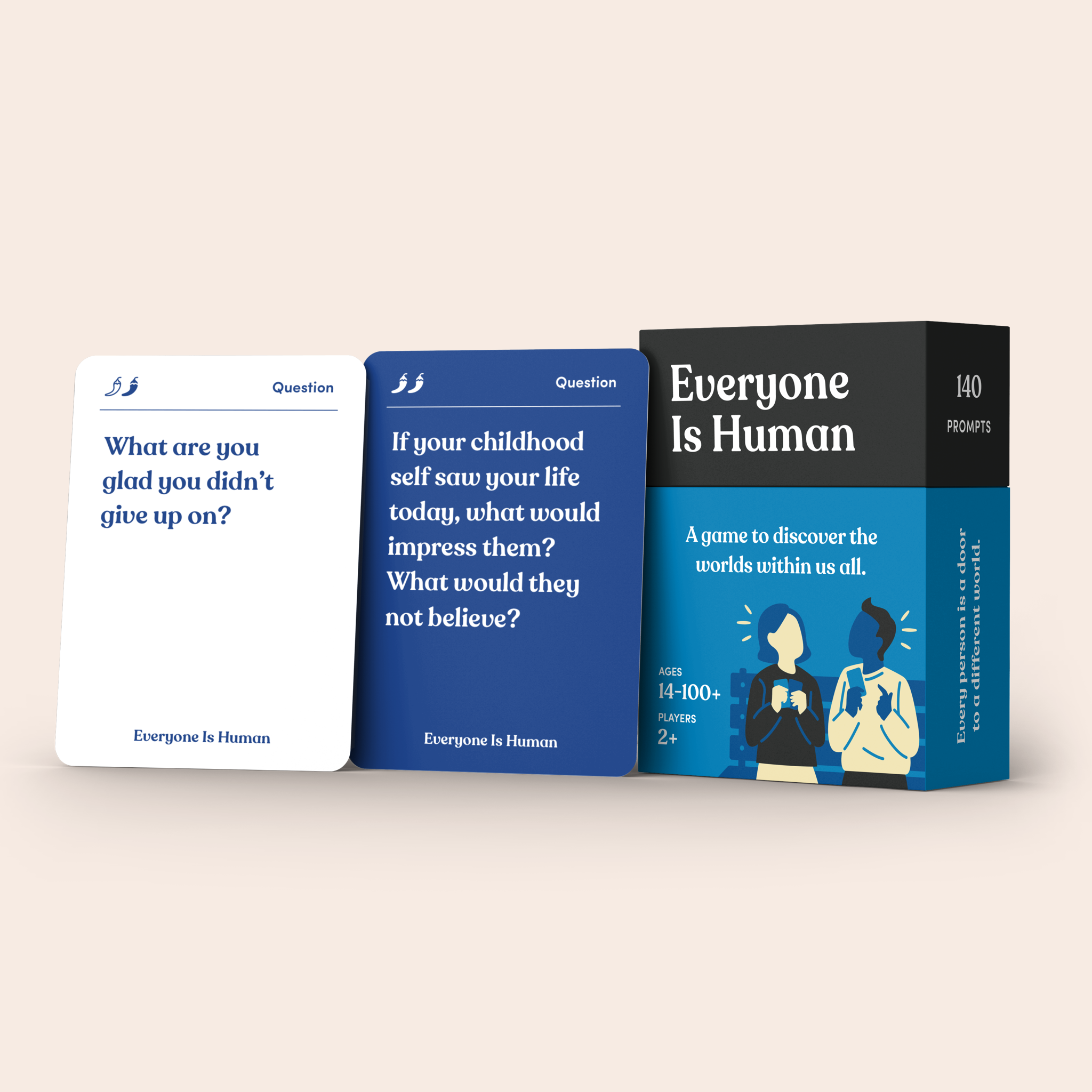 Everyone Is Human card deck standing beside its cards