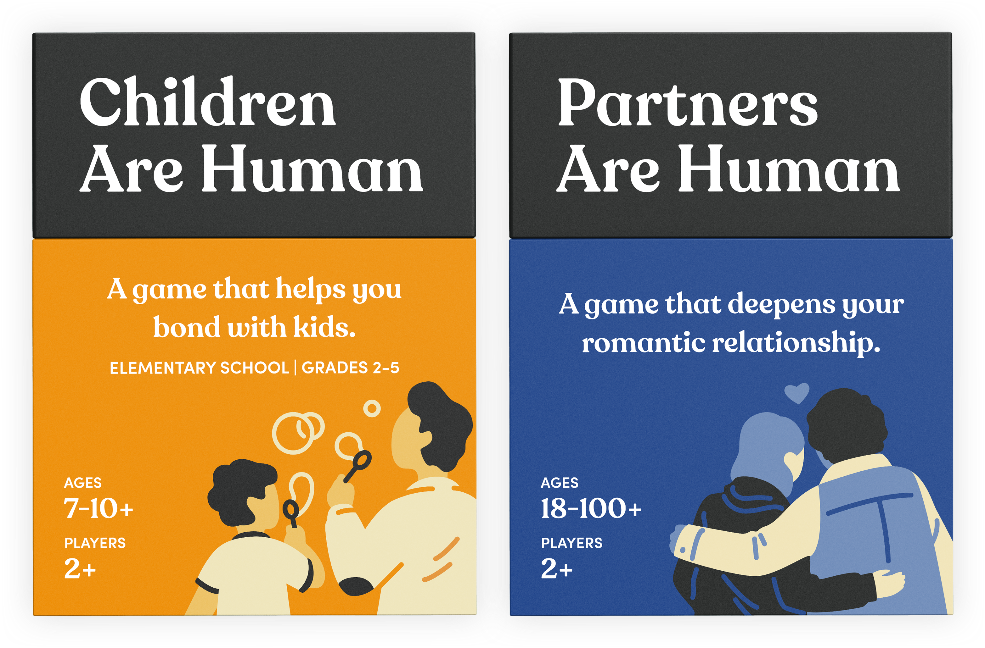 Four board games: Partners, Children, Preteens, and Teenagers Are Human.