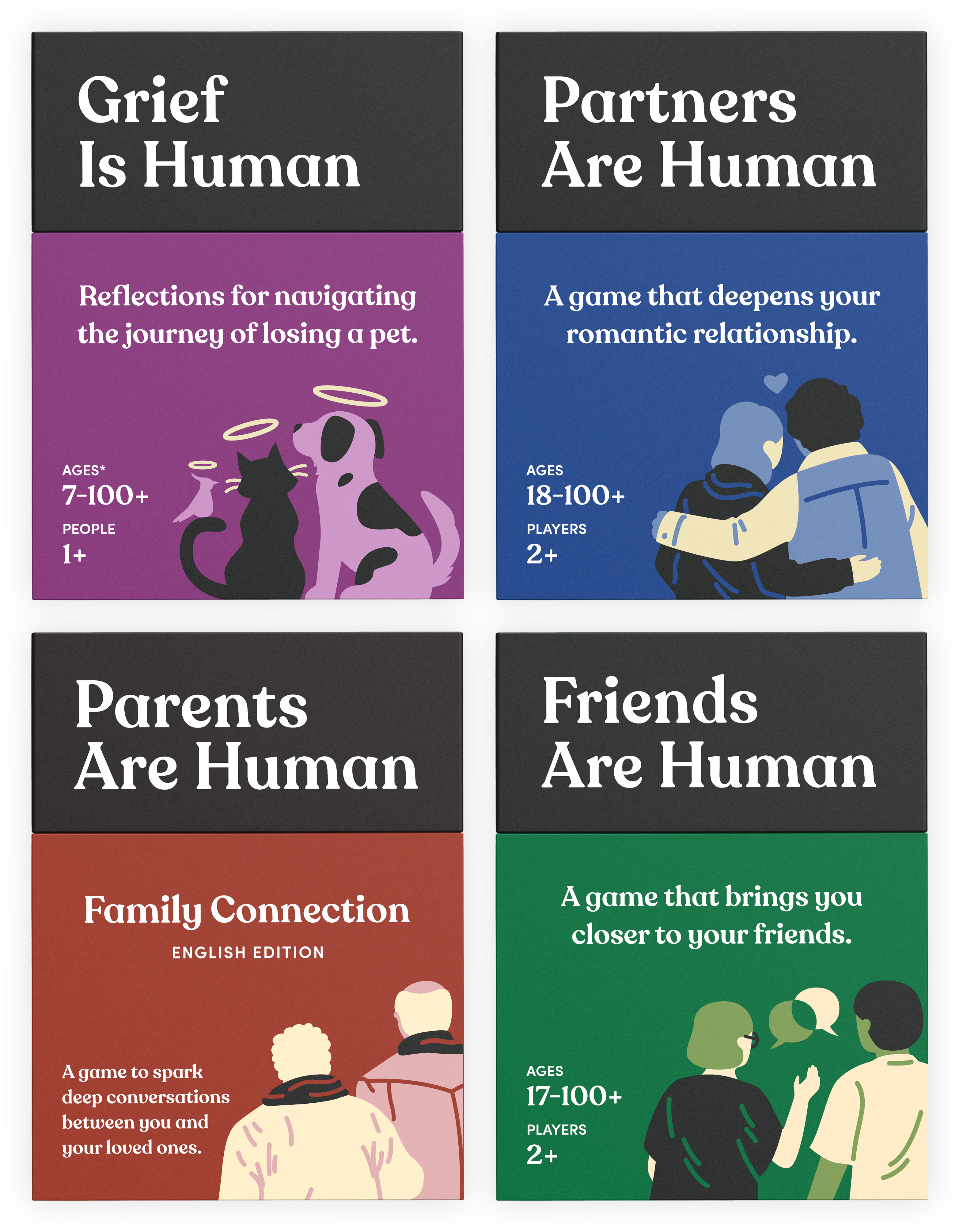 Four card games designed to deepen various personal relationships.