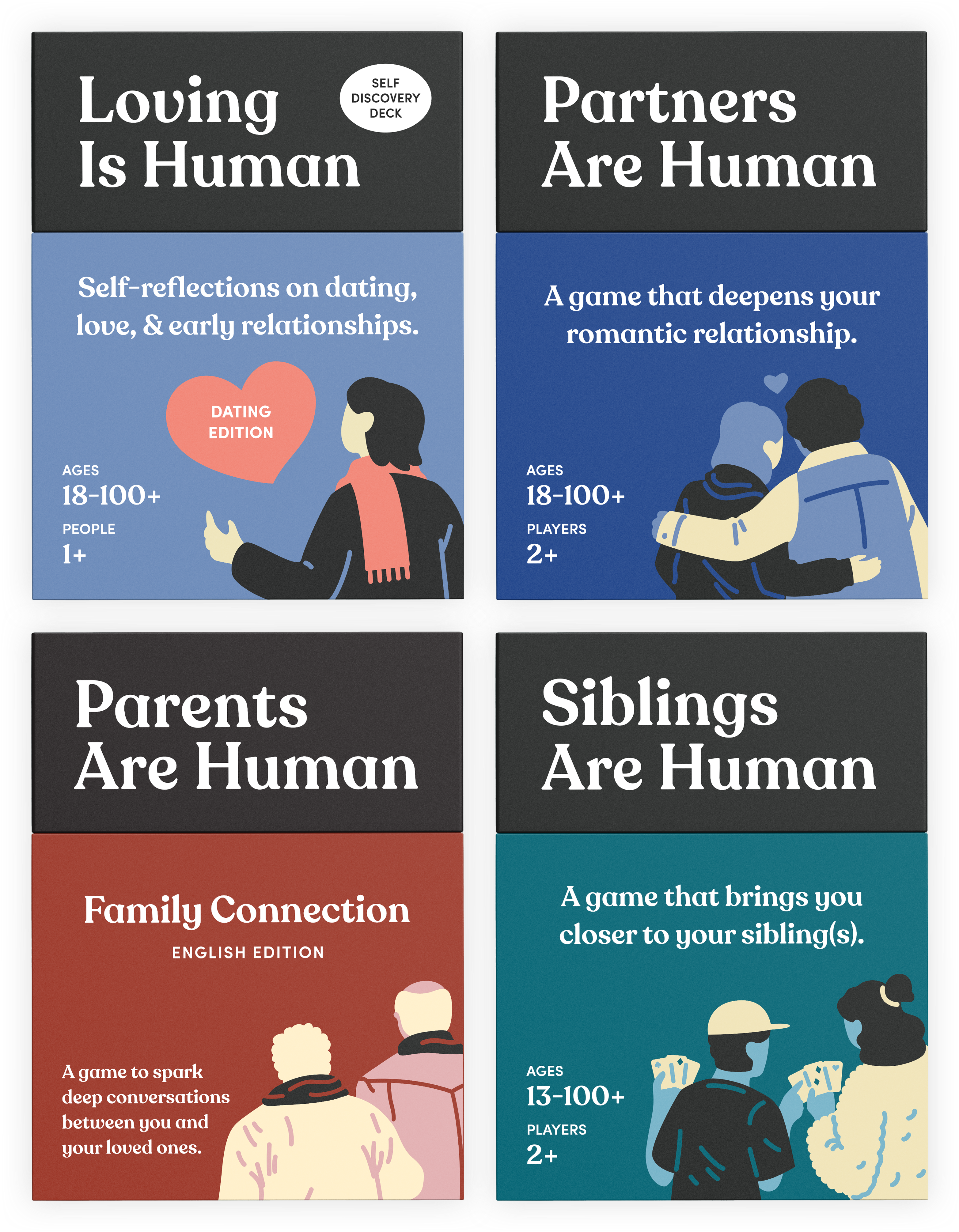 Four card games designed to deepen various personal relationships.