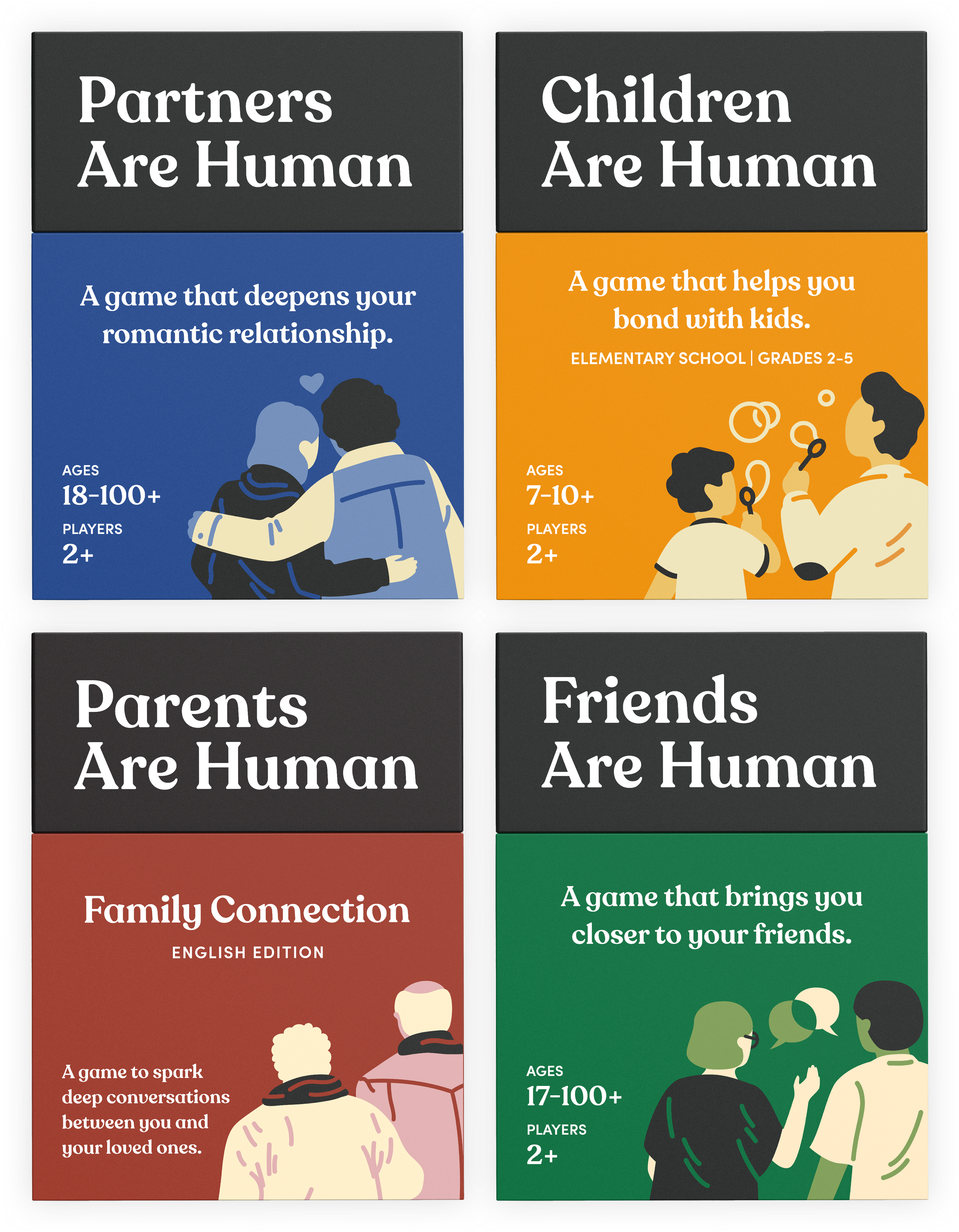 Four card games designed to deepen various personal relationships.
