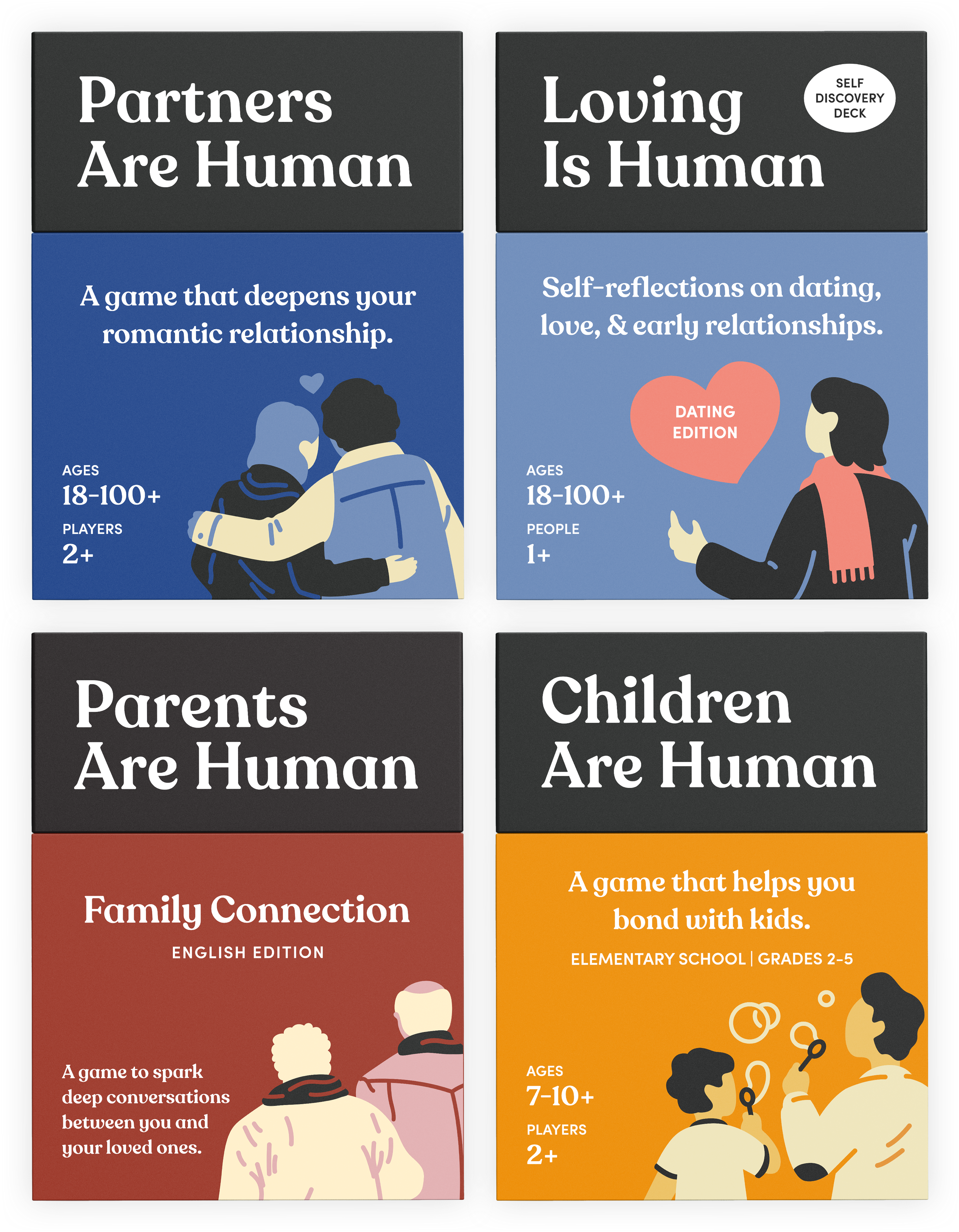 Four card games designed to deepen various personal relationships.
