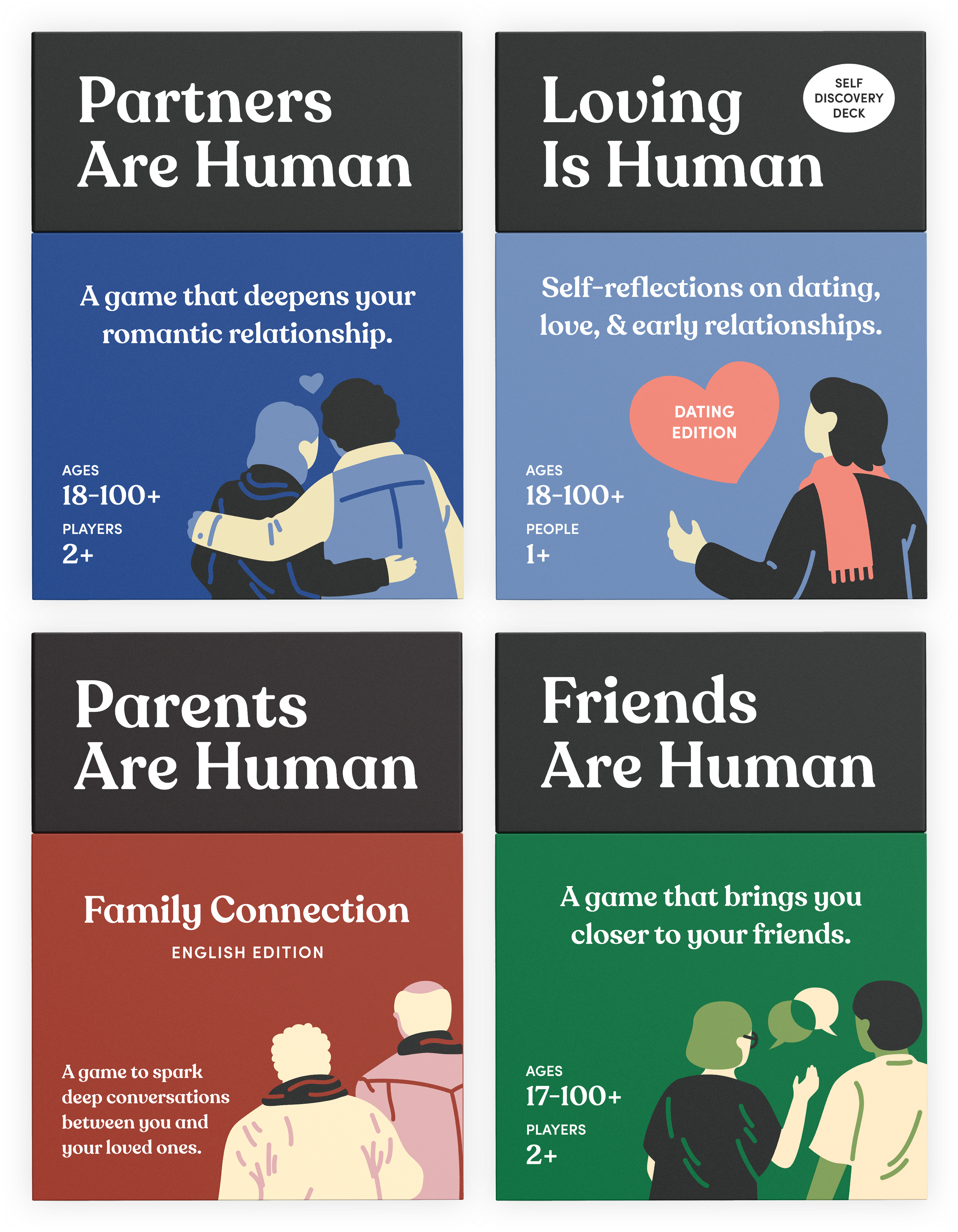 Four card games designed to deepen various personal relationships.