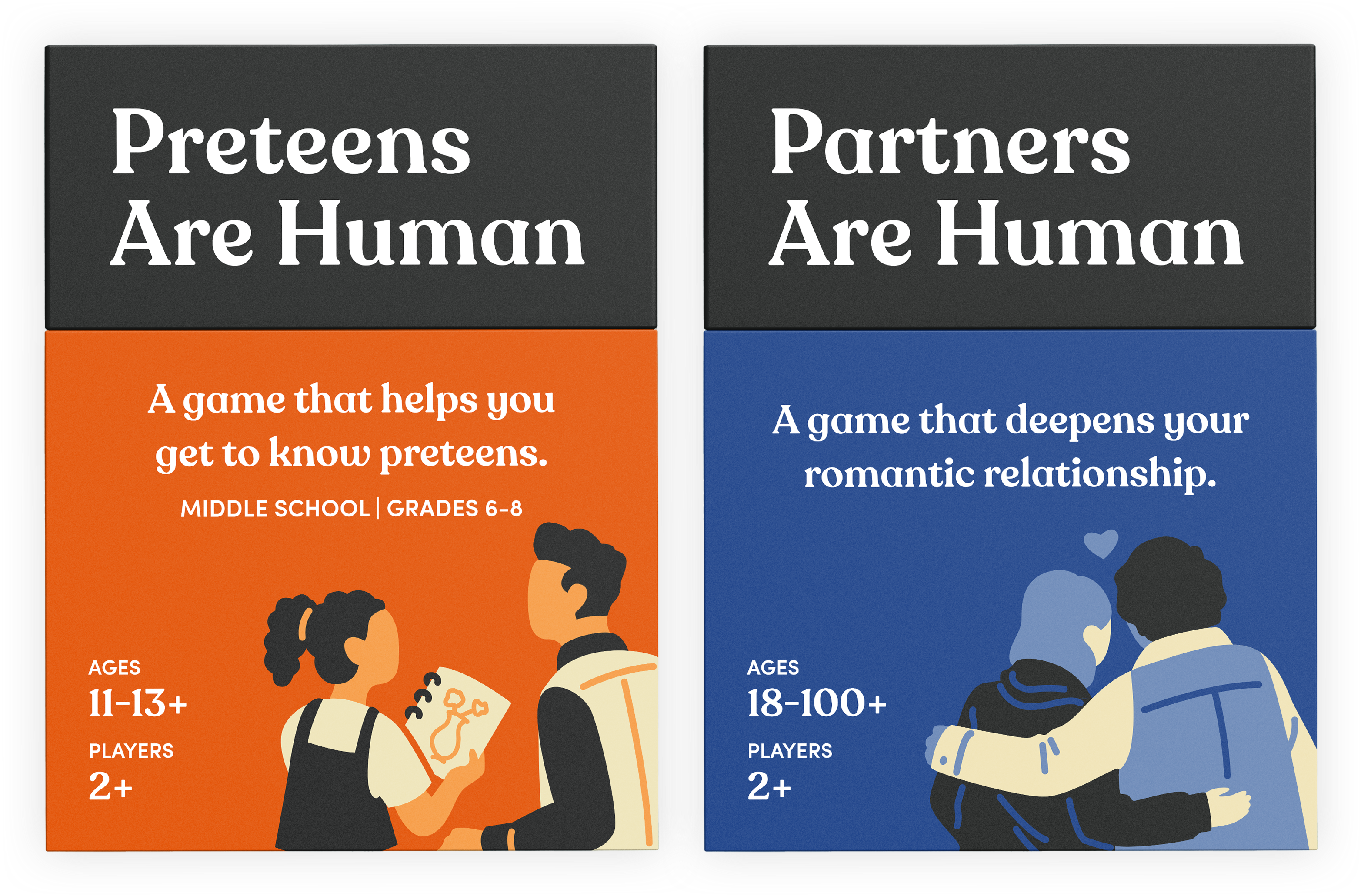 Four board games: Partners, Children, Preteens, and Teenagers Are Human.