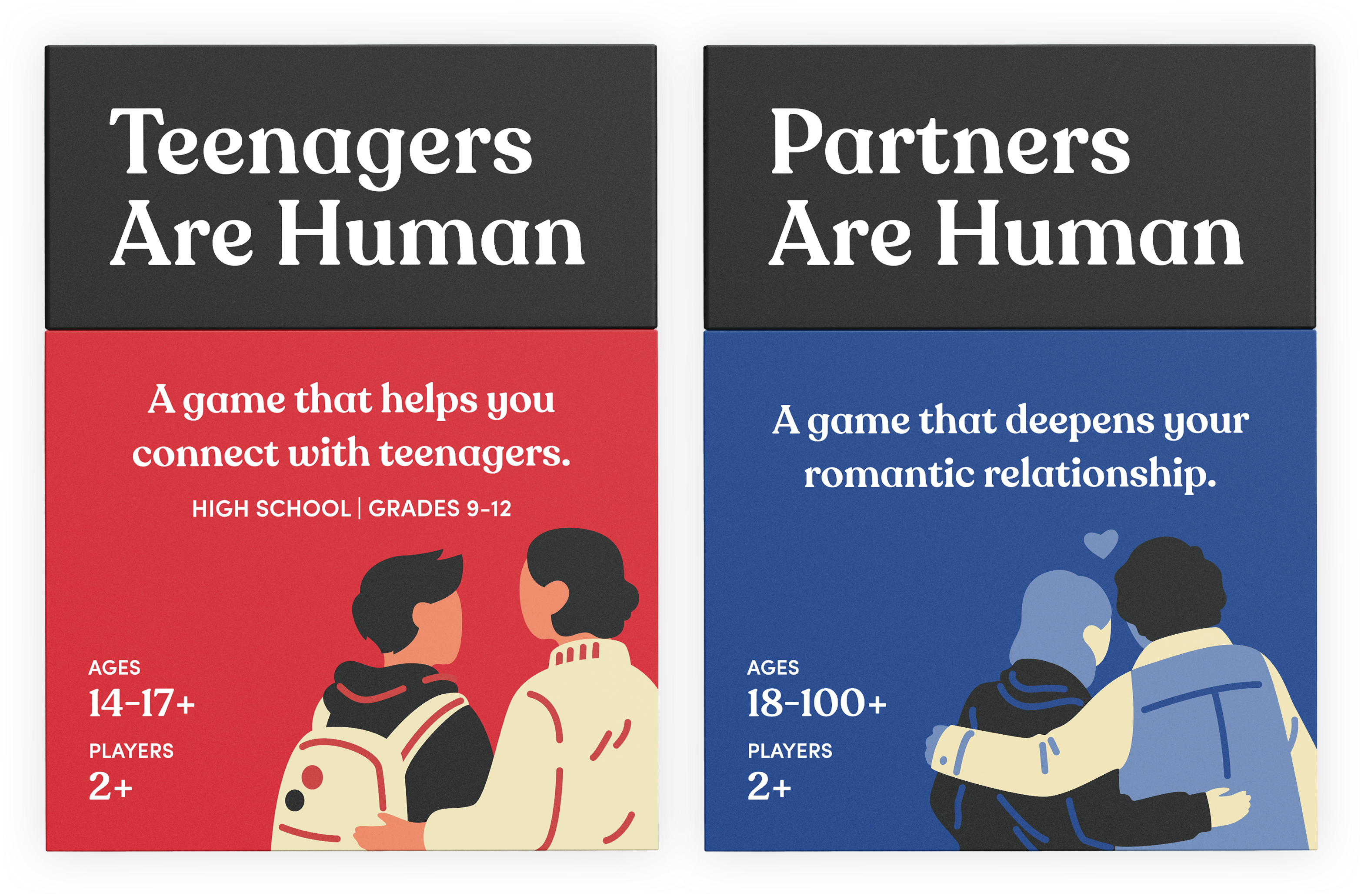 Four board games: Partners, Children, Preteens, and Teenagers Are Human.