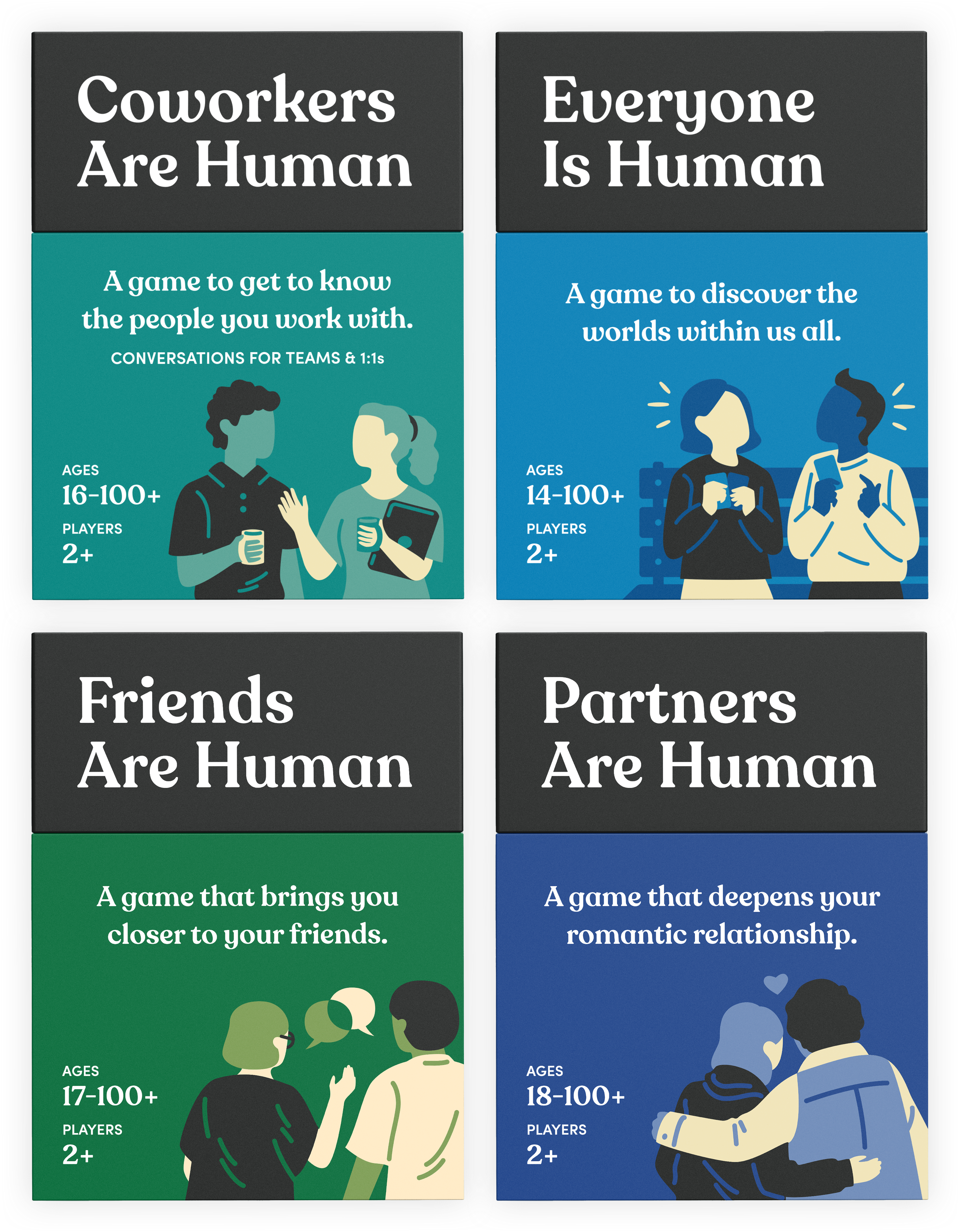 Four card games designed to deepen various personal relationships.