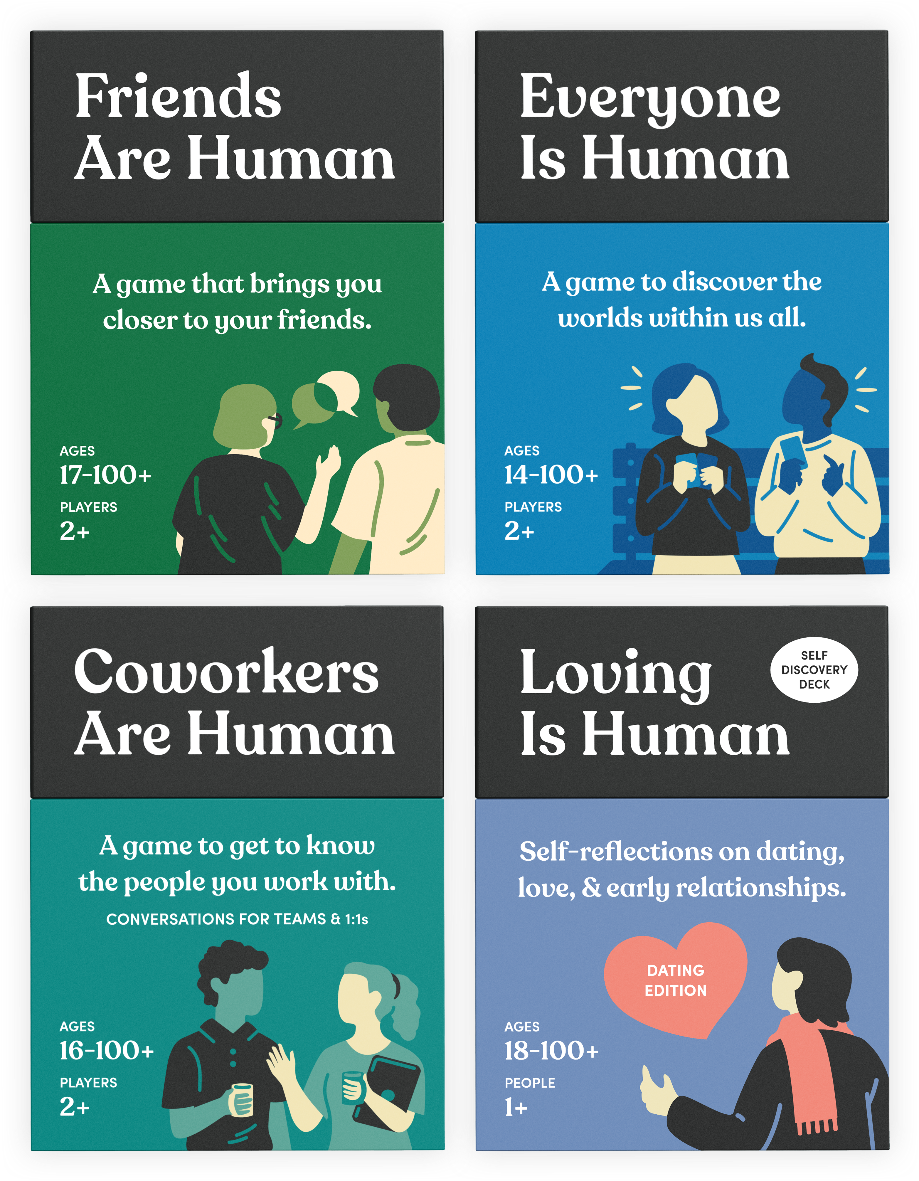 Four card games designed to deepen various personal relationships.