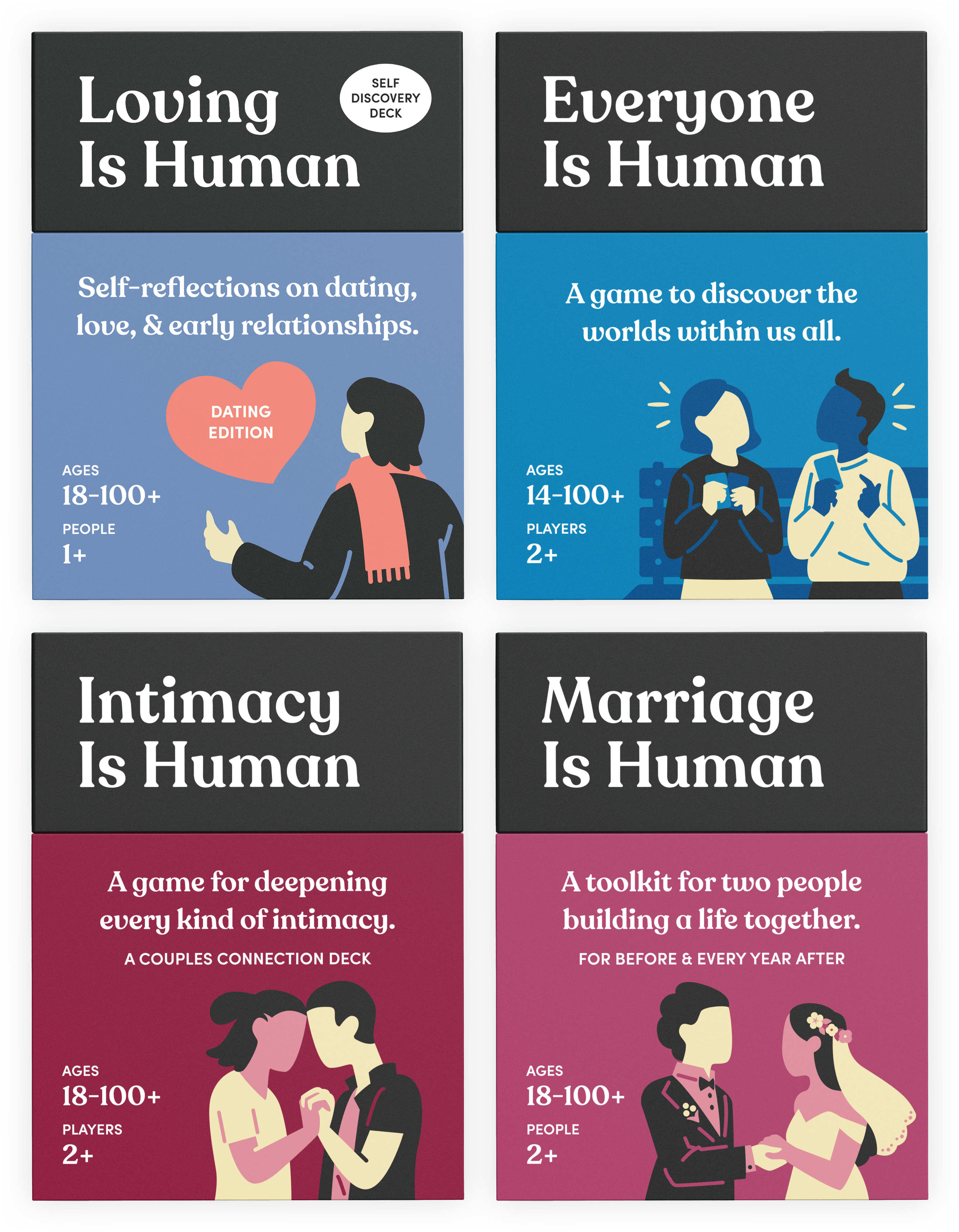 Four card games designed to deepen various personal relationships.